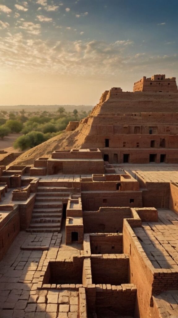A cinematic photograph of the ancient splendor of Mohenjo-Daro Pakistan